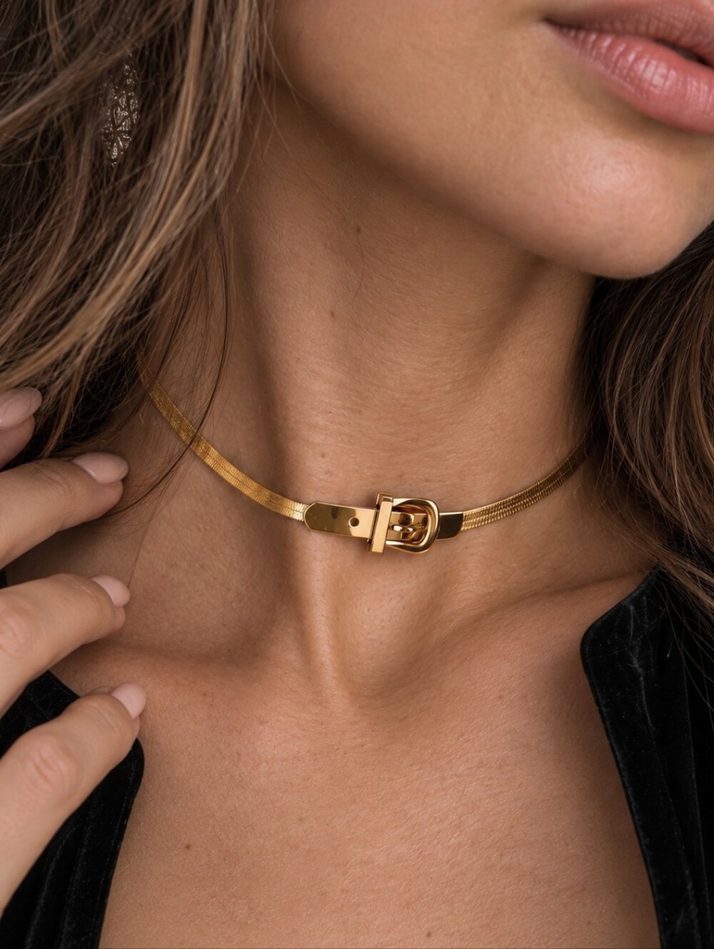 18K Gold Plated Stainless Steel Snake Chain Belt Buckle Choker Necklace 15-17"
